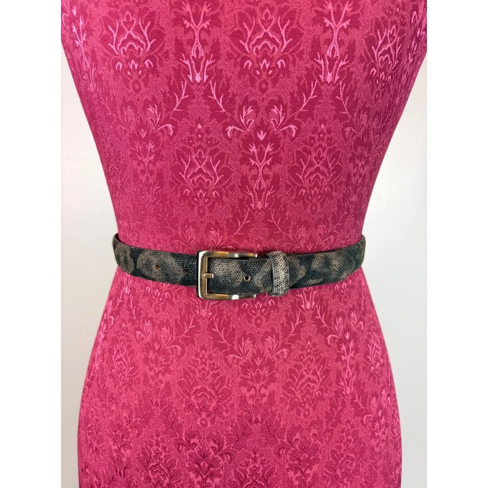 Python Print Pig Split Leather Skinny Belt Gray Black Small Snake Skin Statement